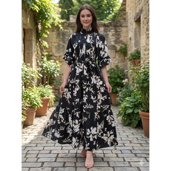 Sue Sartor by antrhopologie Floral Maxi Dress Mandarin Collar Belted Large - Picture 2 of 16